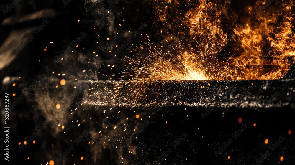 Poster dramatic close-up of sparks and flames erupting from a fiery forge in a darkened workshop environmen