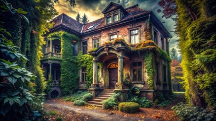 Fototapeta premium Creepy Abandoned Manor House Entrance: Overgrown Gateway to a Lost Place