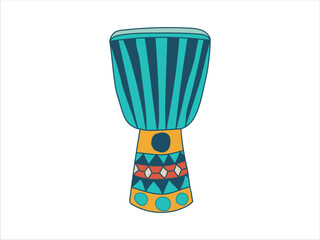 Colorful African Djembe Drum Illustration with Geometric Patterns and Stripes Design. Concept of Traditional Music, Cultural Heritage, Vibrant Percussion Instrument, Ethnic Art Style. White Background