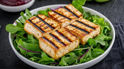 Delicious and nutritious grilled tofu salad served on a plate with a variety of fresh vibrant green leafy vegetables like spinach and lettuce  This plant based meatless dish offers a balanced healthy