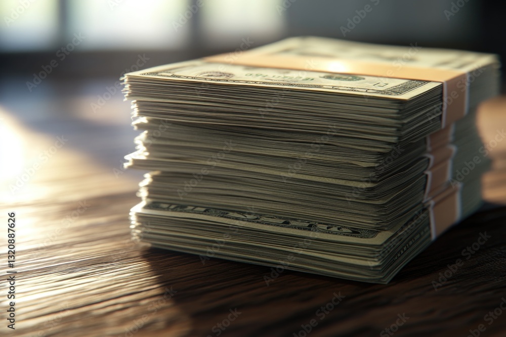 Poster a stack of money resting on a wooden table, great for financial or business-related concepts