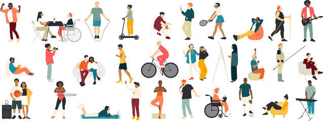 Different people are engaged in various types of leisure and relaxation. Set of different hobbies. Modern design.