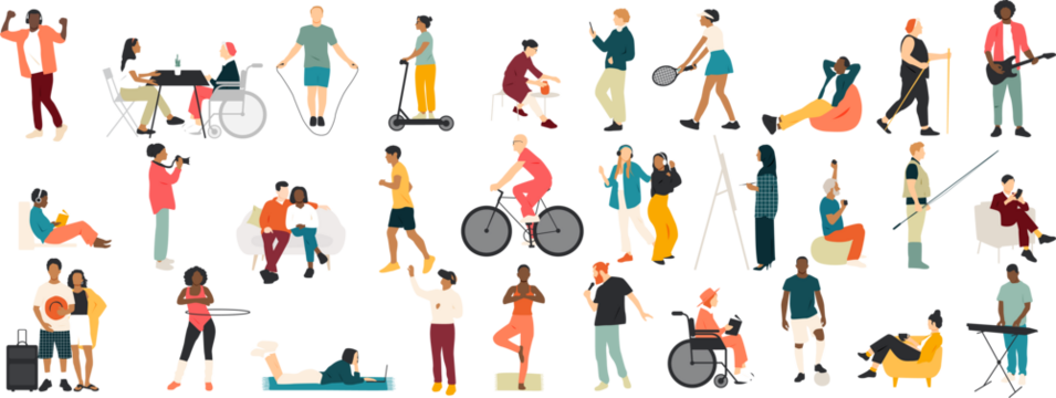 Different people are engaged in various types of leisure and relaxation. Set of different hobbies. Modern design.