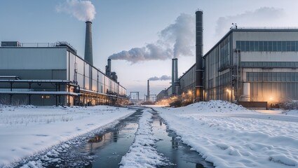 Factory with smoking chimneys in winter, representing industrial work, against a cold winter sky