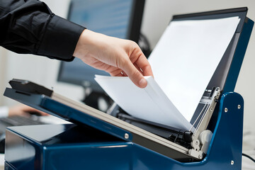 Hand placing a white sheet into a blue scanner on a desk