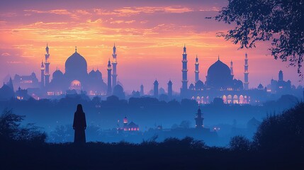 Silhouette of a woman overlooking a historic skyline at sunset in a vibrant city