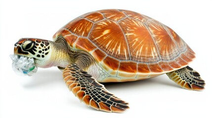 Obraz premium Brown Sea Turtle Choking on White Plastic Debris on White Background