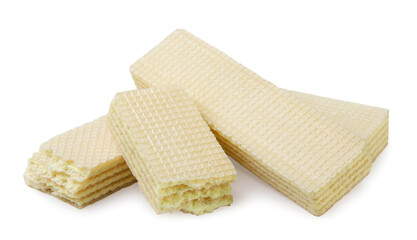 Crispy wafers and broken in half on a white background. Isolated