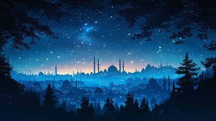 City skyline illuminated under a starry night sky with minarets and domes visible