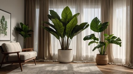 Fototapeta premium Minimalist Family Room with Ornamental Plants and Elegant Curtains, Creating a Warm and Comfortable Atmosphere in Your Home