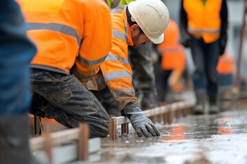 A group of laborers is working diligently on freshly poured concrete, showcasing the hard work and collaboration required in the construction industry.