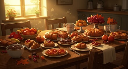 Delicious Autumn Dessert Table with Fruits and Leaves Decor