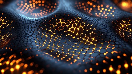 Intricate glowing patterns in a microscopic lattice structure illuminated by soft blue light