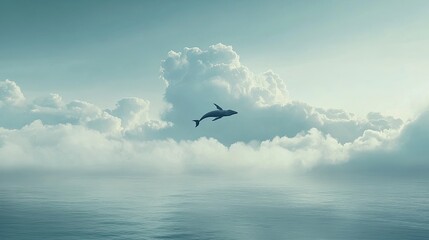 Obraz premium A surreal ocean scene with a whale leaping through clouds in a soft sky. picture