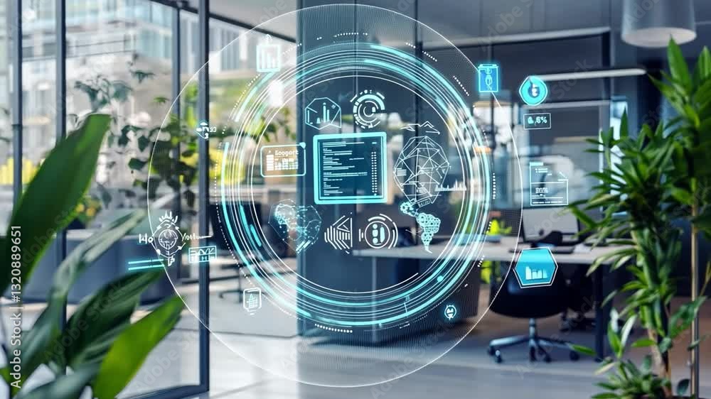 Poster modern workspace with digital technology and data visualization futuristic office interface featurin