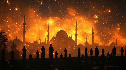Silhouettes against a fiery sunset near a historic mosque with towering minarets