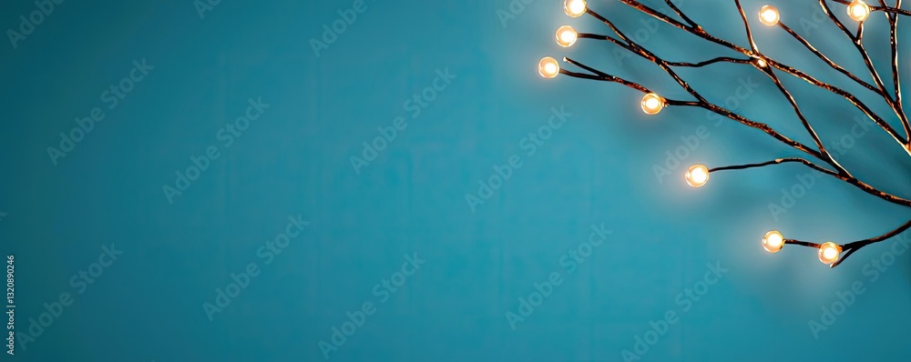 Poster Minimalist graphic design abstract background concept. Delicate branch with soft glowing lights against a calming blue background.