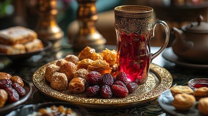 Traditional Middle Eastern sweets and aromatic tea served on an ornate platter during a cultural gathering