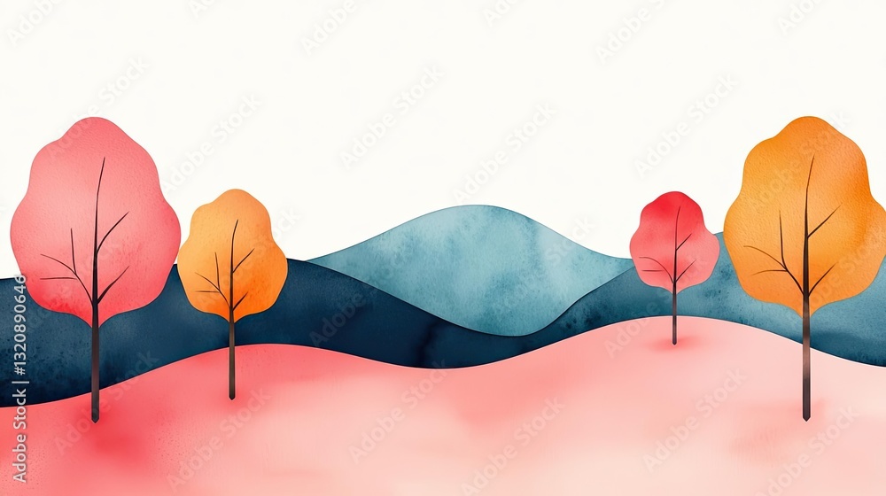 Poster digital watercolor painting abstract background idea. a serene watercolor landscape with colorful tr