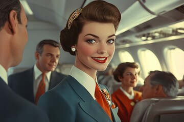Obraz premium flight attendant welcoming passengers at the airplane