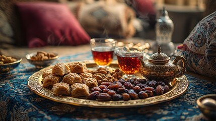 Traditional Middle Eastern tea and dessert gathering with elaborate table settings and motifs