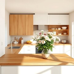 empty wooden table in the kitchen, wooden with the bright white interior minimal of the kitchen. modern minimalist kitchen design
