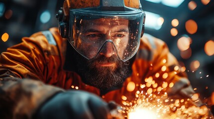 A dedicated worker performs welding tasks in a manufacturing factory, producing steel and aluminum components. Safety gear ensures protection while sparks fly from the welding process.