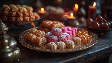 Traditional Middle Eastern sweets displayed on an ornate platter during a festive gathering