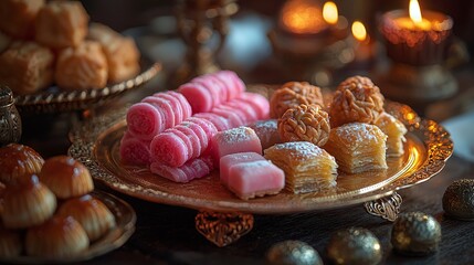 Delightful array of traditional pastries and sweets served on an ornate platter during a festive gathering