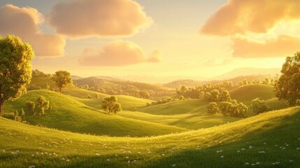 Fototapeta premium illustration of Summer fields landscape with a dawn,Rainbow, green grass hills, bright color blue sky, country background,banner resting vacation.