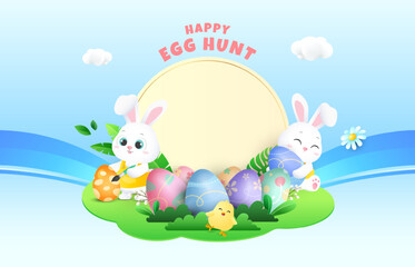 3d easter egg hunt background with cute rabbits, chick, colorful eggs and plants. Easter design template for banner, poster and sale promotions. Vector eps 10.