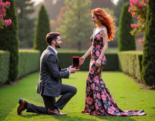Man kneeling with ring, proposing to woman. Man proposing to girlfriend with diamond ring. Kneeling man with engagement ring outdoor. Outdoor proposal with stylish couple