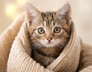 Naklejka premium cute striped kitten wrapped in a beige blanket template design for postcards backgrounds and backdrops with space for text cozy and kind picture with a pet