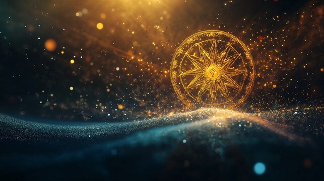 A fine golden depiction of a dharma wheel interpretation, softly radiating divine energy. Horizontal Orientation