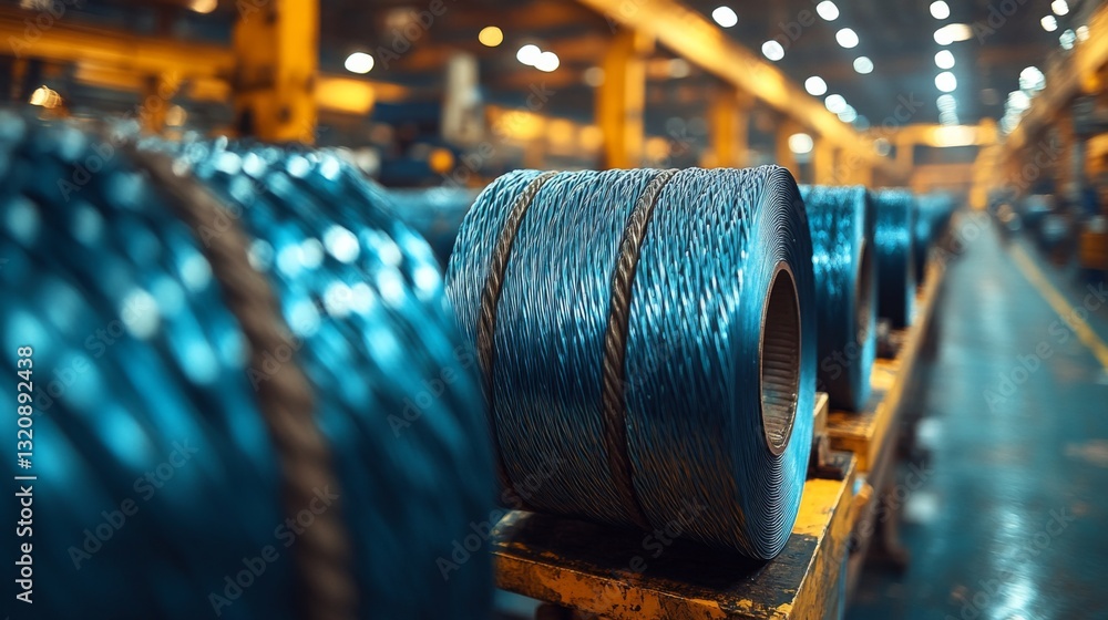Poster large coils of blue steel wire are organized on wooden racks in a busy factory. workers efficiently 