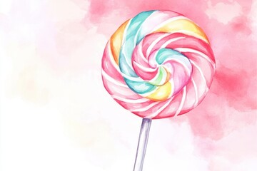 A colorful, swirled lollipop against a soft, pink watercolor background, evoking a sense of sweetness and nostalgia.