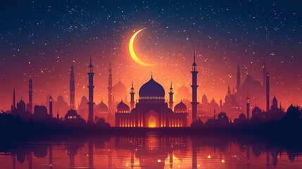 Glowing minimalist mosque dome illuminated by a gentle crescent moon at dusk