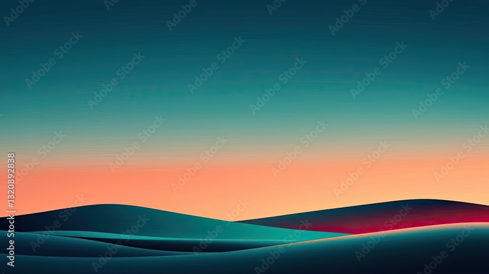 Poster Abstract landscape background idea. Stunning abstract landscape with smooth, wavy forms and a gradient sky at dusk.