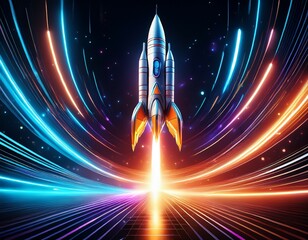 a futuristic rocket ascends through a glowing digital vortex symbolizing advanced space exploration and technology