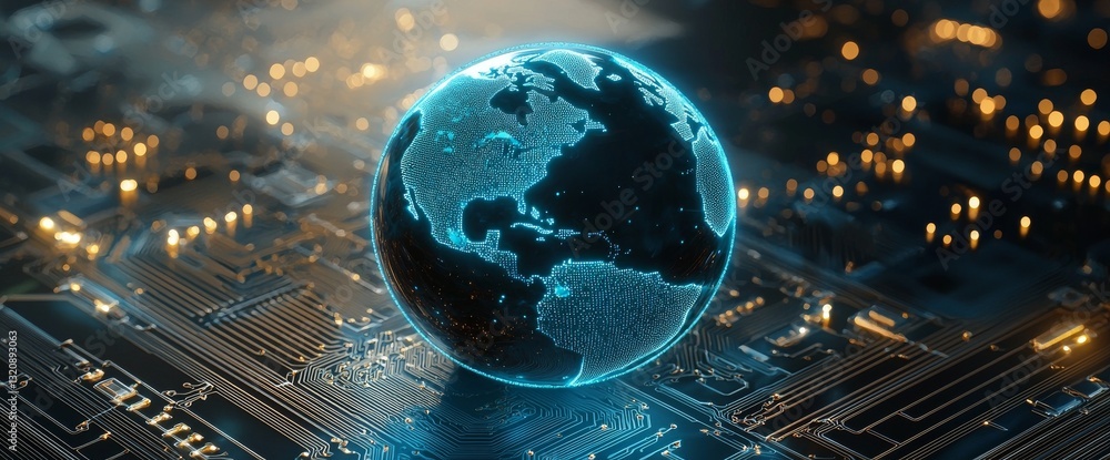 Aufkleber a digital image of the earth on a computer circuit board embodies the fusion of technology and susta