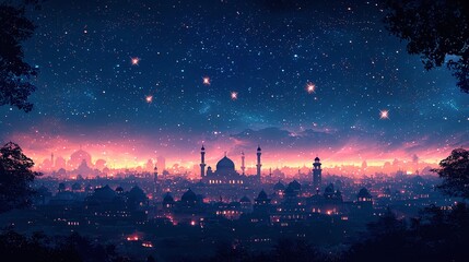 Silhouette of an Islamic cityscape under a starry night sky at dusk