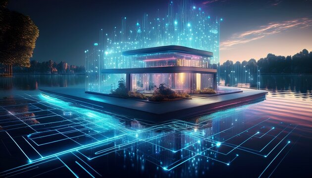 futuristic data lakehouse concept with a holographic cityscape on a serene lake reflecting cutting edge data integration