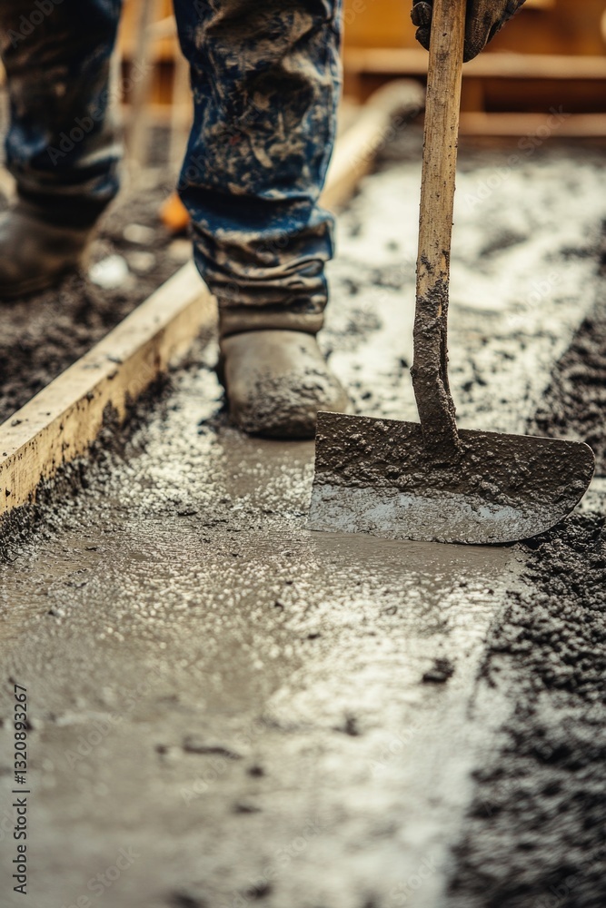 Poster a person pouring concrete using a shovel, one informative phrase about what pictured on image and a 