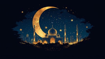 Crescent moon glowing over an enchanting cityscape at night with a majestic mosque