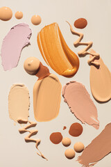 Set of different textures of cosmetic foundation, concealer, highlighter, soft powder, bronzer,...