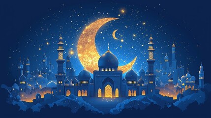 Crescent moon illuminates a mystical skyline at night with a starry background