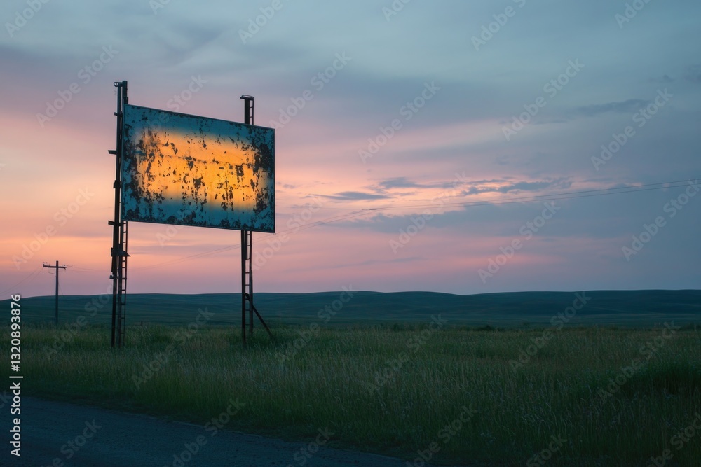 Poster an old rusty sign in the middle of a field