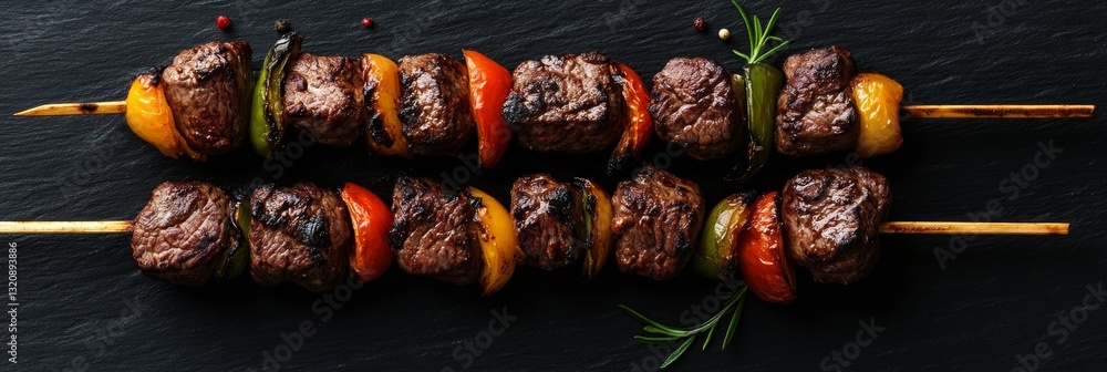 Poster barbecue beef kebabs with vegetables on skewers on a dark background with copy space.