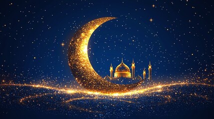 Golden crescent moon glows over a picturesque mosque under a starry night sky