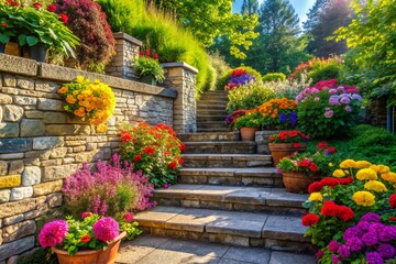 Naklejka premium Curb Appeal: Colorful Garden Path with Stone Steps and Wall